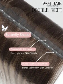9AM HAIR Butterfly Weft Hair Extensions Human Hair Glueless OVO Pu Hole Genius Hand Tied Invisible DIY Double Weft Hair Extensions Straight 1pc 16 Inches - S2/6/18K - View 5