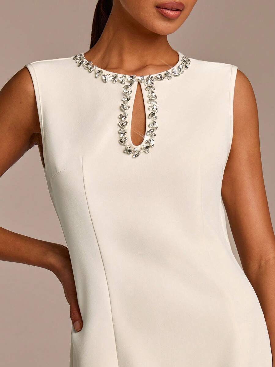 COSMINA Women's Elegant Sleeveless Crystal Teardrop Collar Mini Dress, Versatile For Commute, Office, Dates, Parties, Spring - White - View 1