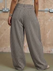 COUREZ Unisex Women Men Low Rise Baggy Barrell Fit Check Trousers Cotton - Coffee Brown - View 2