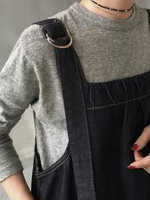 FRIFUL 女士休闲长款牛仔背带裙 - 藍色 - 查看 2