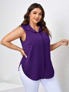 SHEIN Clasi Plus Size Women's Casual Sleeveless Solid Color Shirt, Summer - Purple - View 5