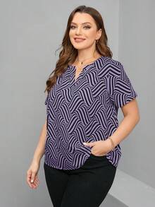 Chikora Summer Shirts Plus Size Short Sleeve Summer Blouse With Notched Lapel - Purple - View 5