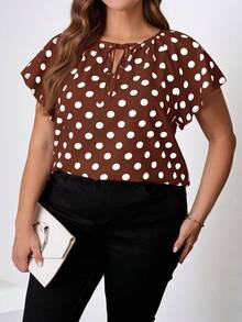 SHEIN Clasi 大码女式波点印花系领短袖衬衫 - 棕色 - 查看 7