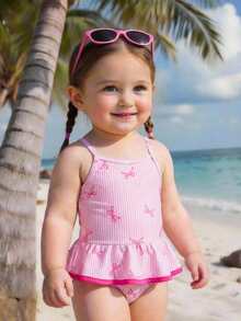 SHEIN Baby Girl Striped Bow Print Ruffle Casual Beach Vacation Spaghetti Strap One-Piece Swimsuit - Red - View 6