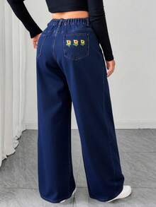 EURMUSE Quần jean ống đứng cạp cao thêu hoa cỡ lớn cho nữ, dáng rộng, thường ngày - Rửa tối - Xem 2