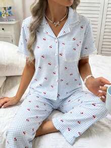 2 Stücke/Set Mädchen Kirsch-Muster karierte Woven Bubble Stoff Kurzarm Strickjacke & Hose, weich und bequem, Schlafanzug, perfektes Geschenk für Tween-Mädchen - Babyblau - Übersicht 3