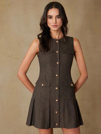 Aveloria Rosie 时尚休闲门襟纽扣翻盖口袋无袖连衣裙