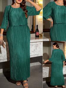 Reflora Vestido elegante de unicolor talla grande, adecuado para fiestas - Verde Oscuro - Ver 1