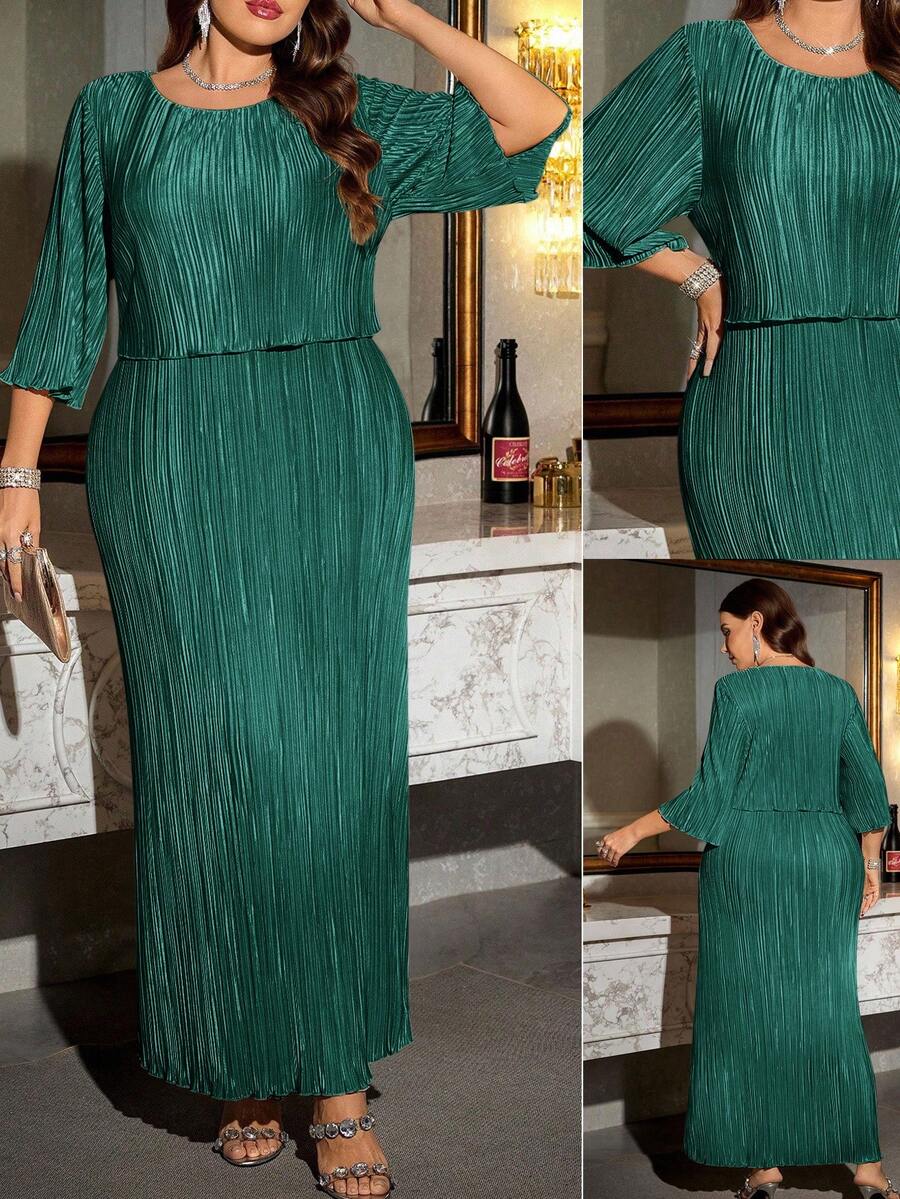 Reflora Vestido elegante de unicolor talla grande, adecuado para fiestas - Verde Oscuro - Ver 1
