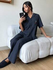 DAZY 少女卡通熊条纹短袖纽扣上衣和长裤睡衣套装 - 藏蓝色 - 查看 1