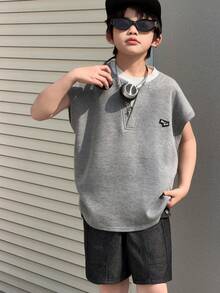 DAZY Áo tank top dáng rộng in chữ cho bé trai tuổi teen, thích hợp mặc mùa hè. - Xám - Xem 4