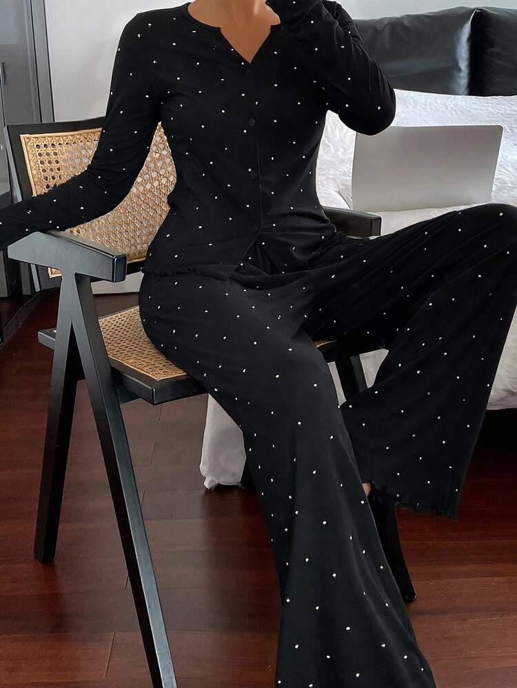 2pcs Polka Dot Print Fitted Long Sleeve Top And Straight Leg Pants Pajama Set For Women, Spring