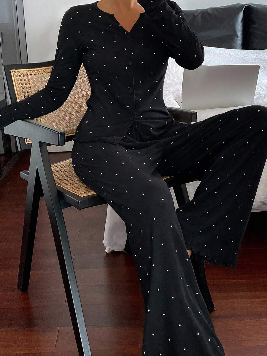 DAZY 2pcs Polka Dot Print Fitted Long Sleeve Top And Straight Leg Pants Pajama Set For Women, Spring - Black - View 1