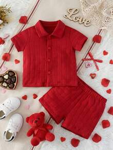 SHEIN Textured Shirt & Shorts Set, Fashionable Streetwear Style For Baby Boys - Red - View 1