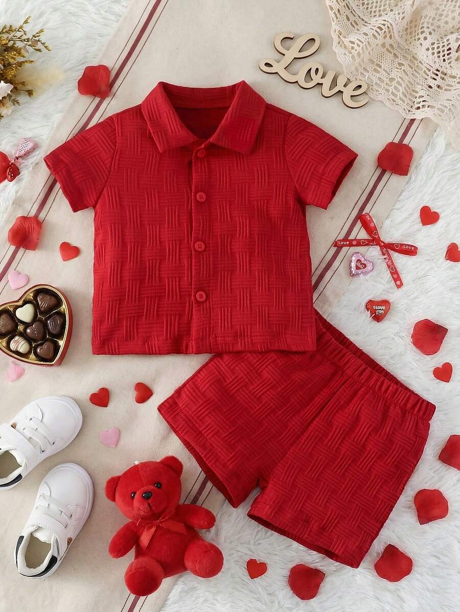 SHEIN Textured Shirt & Shorts Set, Fashionable Streetwear Style For Baby Boys - Red - View 1