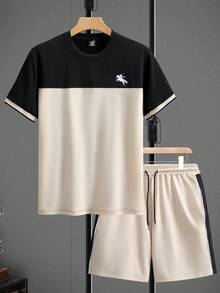 Manfinity Homme 男士夏季休闲撞色圆领短袖T恤短裤套装 - 彩色 - 查看 4