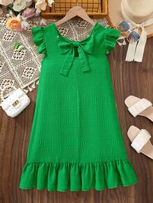 Tween Girls' Spring/Summer Vacation Beach Tropical 3D Bow Round Neck Sleeveless Ruffle Cap Sleeve Sweet Spring Style Mid-Length Dress - Green - View 2