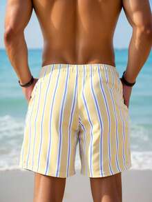 ZELFYO 男士条纹印花斜插口袋抽绳腰休闲沙滩短裤 - 白色 - 查看 2