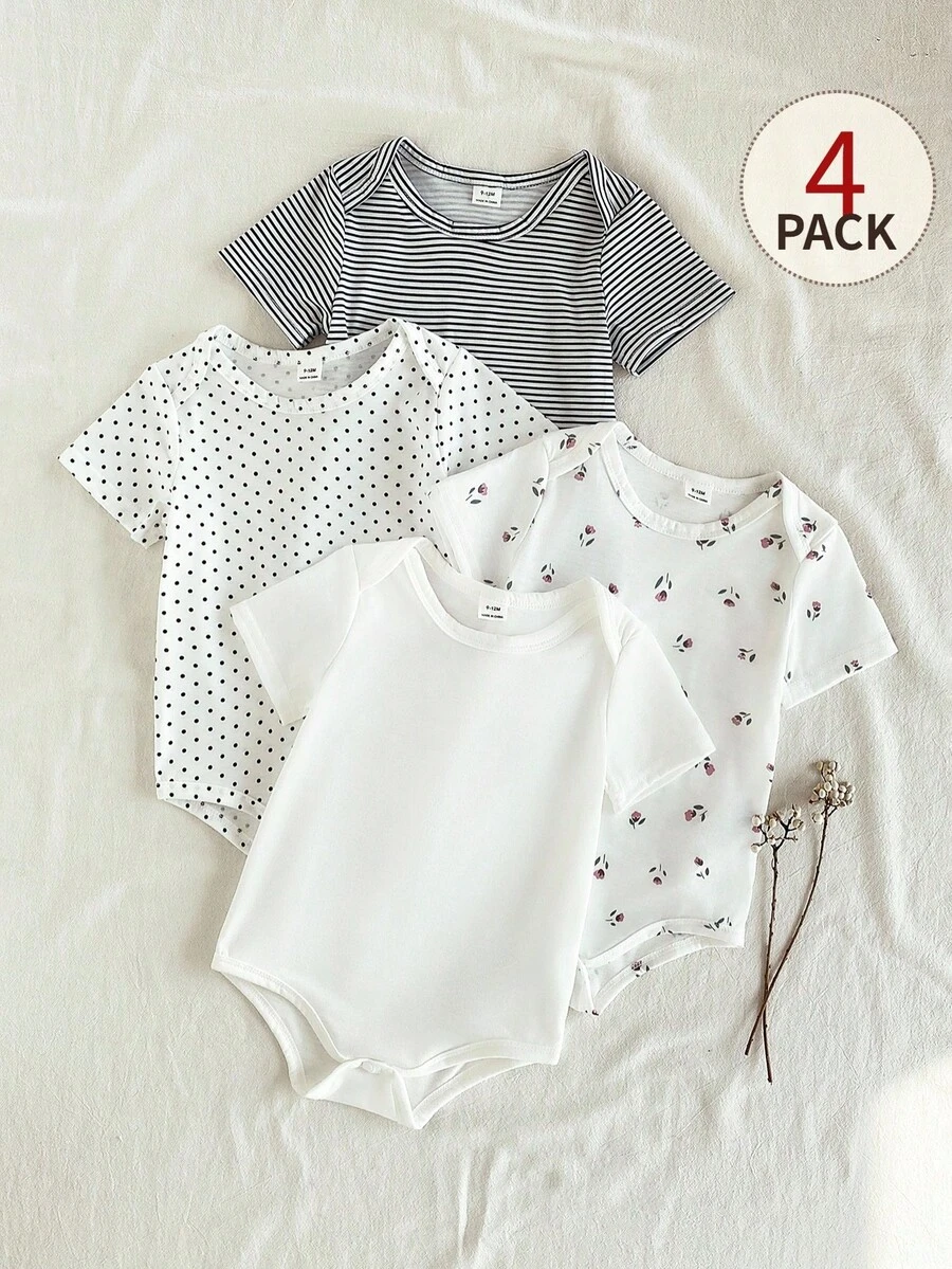 SHEIN Bộ 5 món áo liền thân cổ tròn màu trơn mềm mại và thoải mái cho bé gái, kiểu dáng thời trang thường ngày, dễ mặc vào/cởi ra, tay ngắn và quần short, thích hợp cho mùa xuân/hè. - Nhiều màu - Xem 1