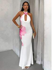 Glamine Elegant White And Pink Butterfly 3D Floral Draped Neck Open Back Maxi Bodycon Dress,Women's Summer Holiday Vacation Resort Wear Party Outfit - White - View 4