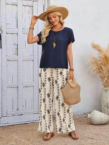 EMERY ROSE 两件套女士休闲纯色短袖上衣和印花长裤套装 - 藍色 - 查看 3