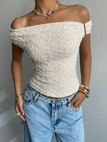 Valentine Women's Textured Off Shoulder Fitted Fashion T-Shirt Women Tops Elegant - Apricot - View 6