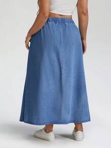 SHEIN CURVE+ Plus Size Dark Blue Summer Casual Everyday Denim Maxi Skirt,Women's High Rise Elastic Waist Drawstring Loose A Line Long Skirt With Pockets - Light Wash - View 2