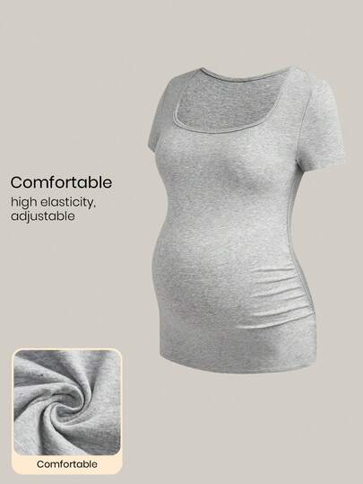 SHEIN Hamileler için Düz Renk Pileli Rahat Günlük Giyim Kısa Kollu Tişört