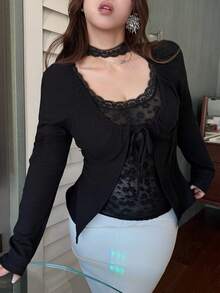 Dazy Plus Tricou negru cu mânecă lungă, model patchwork din dantelă, mărime plus - Gri - Vizualizare 4