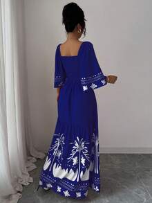 Mulvari Women's Vacation Ruffle Sleeve Fashionable Placement Print Dress - Blue - View 2