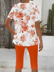 EMERY ROSE 2pcs/Set Plus Size Women Floral Print Short Sleeve T-Shirt And Leggings, Suitable For Vacation - Multicolor - View 2