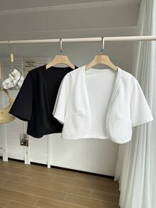 Comfortcana 2pcs Plus Size Women Short Sleeve Open Front Jacket In Black & White Cardigan Winter Fall Autumn - Black and White - View 4