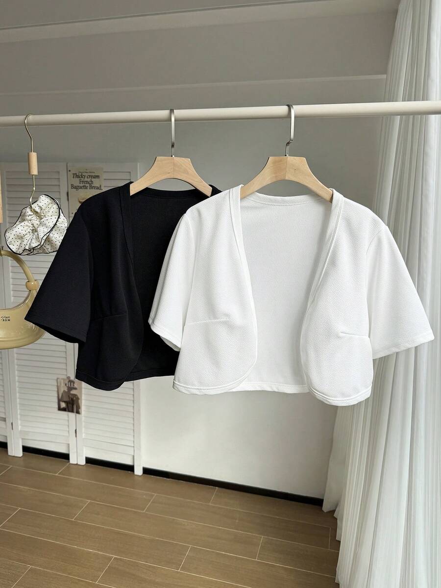 Comfortcana 2pcs Plus Size Women Short Sleeve Open Front Jacket In Black & White Cardigan Winter Fall Autumn - Black and White - View 1