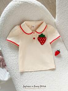 Cozy Pixies Áo thun cổ tròn tay cánh hoa họa tiết dâu tây cho bé gái, đa năng và thoải mái. - Màu be - Xem 2