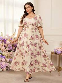 Modelyn Vestido Romántico de Gasa con Estampado Floral, Mangas Abullonadas, Corte A, Talla Grande, Primavera/Verano - Multicolor - Ver 4