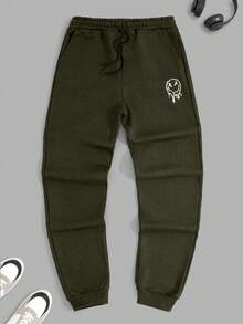 RueChic Men Smile Printed Elastic Drawstring Waist Regular Sweatpants - Army Green - View 2