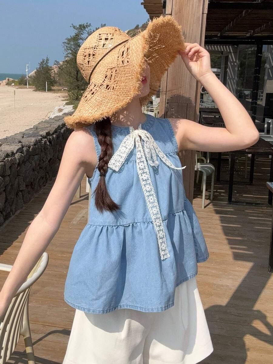 DAZY Women's Summer Round Neck Sleeveless Lace Patchwork Tie-Up Casual Cropped Denim Pullover Top - Medium Wash - View 1