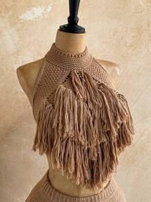 Soleia Choker Detail Fringe Knit Top Summer, Ibiza Fits, Holiday Vacation Sexy Festival Rave Knit Escapade Fall Country Autumn Winter Nashville - Khaki - View 4