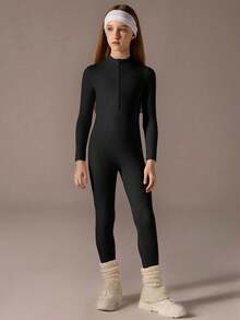 Tween Girls Black Half-Zip Jumpsuit, Long Sleeve With Long Pants, High Stretch Fitted Turtleneck Jumpsuit - Black - View 1