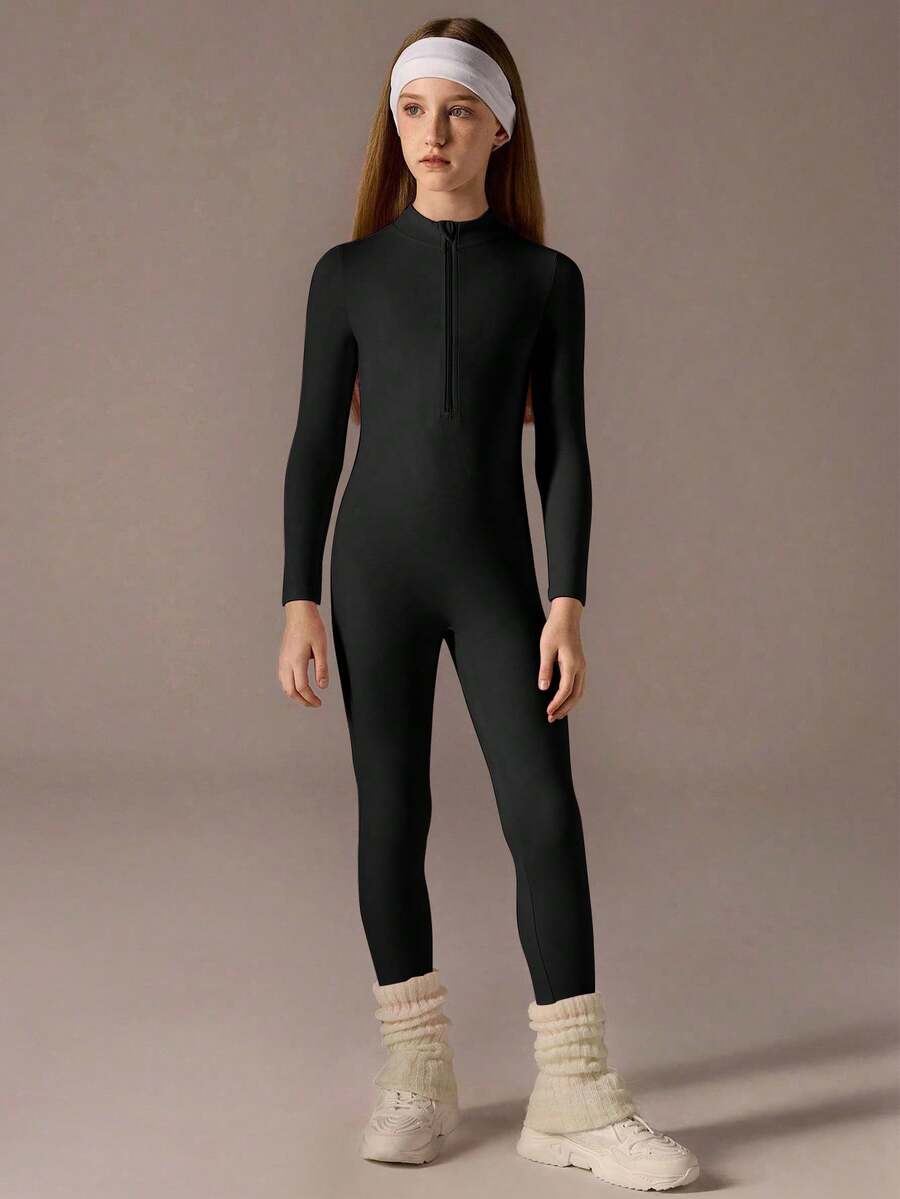 Tween Girls Black Half-Zip Jumpsuit, Long Sleeve With Long Pants, High Stretch Fitted Turtleneck Jumpsuit - Black - View 1