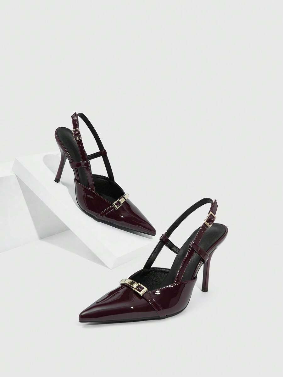 CUCCOO SZL 女士深红色时尚经典简约搭扣通勤办公休闲细高跟鞋 - 紅木色 - 查看 1