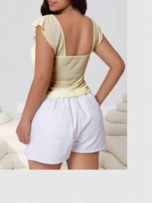 Solflare 大码女式纯色心形领口荷叶边袖口褶皱胸部夏季T恤，2026嘉年华女装造型，适合外出、海滩、度假、休闲穿着，奶油黄网眼T恤 - 黃色 - 查看 2