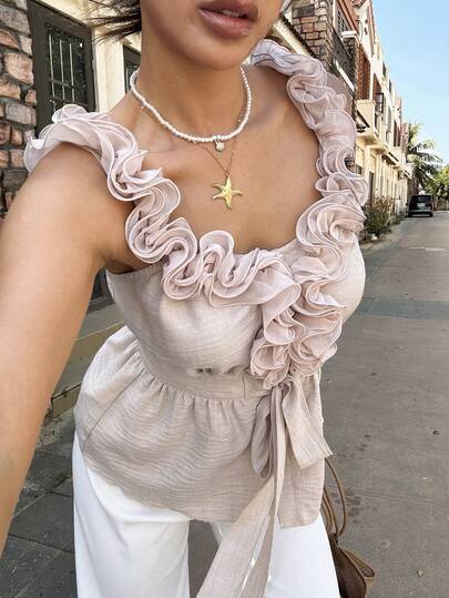 Serisse Women's Solid Color Round Neck Sleeveless Ruffle Trim Tie Waist Blouse,French Romantic Casual Ruffle Trim Tie Strap Camisole Top In Apricot, Elegant Waist Design, Suitable For Dates, Commuting, And Holidays,Summer Top,Elegant Women's Blouses,Casual Blouses For Women,Beach Vacation Outfits For Women