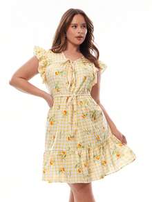 Solavibe 大码女式休闲度假短袖系带A字印花连衣裙，春夏款 - 黃色 - 查看 7