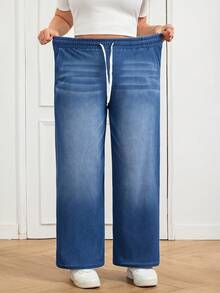 SHEIN CURVE+ Plus Size Women Drawstring Waist Wide Leg Loose Casual Versatile Jeans Spring To Summer Valentine's Day Carnival Costume Commuting Vacation Graduation Chic Y2k Cute Streetwear Party Wedding Elegant Business Casual Woman Loose Fit Women's Blue Wash Denim Wide Leg Jeans With Adjustable Drawstring - Blue - View 9