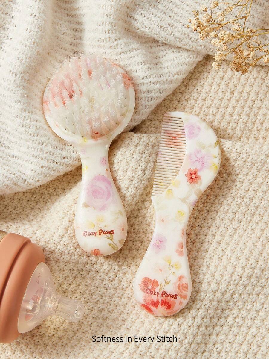 Cozy Pixies 两件套婴儿护理工具，包括梳子和花朵造型发刷，可轻柔梳理头发，也可用于婴儿洗澡。 - 彩色 - 查看 1