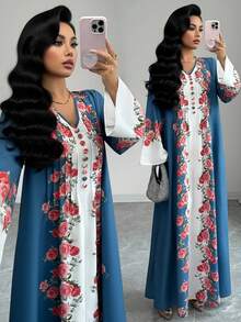 Al Najma 女士优雅V领印花阿拉伯风格连衣裙 - 霧霾藍 - 查看 1