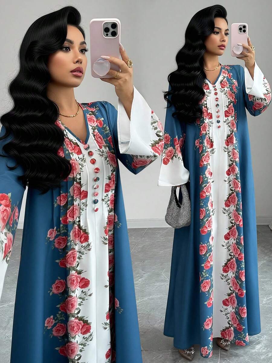 Al Najma 女士优雅V领印花阿拉伯风格连衣裙 - 霧霾藍 - 查看 1