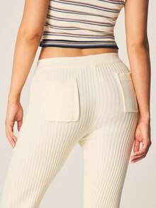MISSGUIDED High Waist Ribbed Knit Flare Leg Pants With Back Patch Pockets For Casual Fall Spring Everyday Wear - Beige - View 5