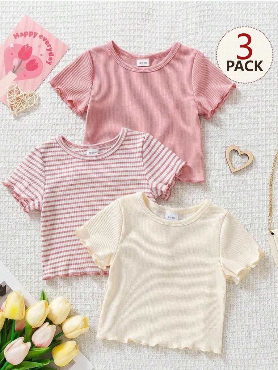 SHEIN Playful Pals 男女宝宝0-3岁复古可爱三件套,包含纯色和条纹上衣,柔软弹力休闲套装,适合男女宝宝日常穿着和度假穿着。 - 彩色 - 查看 1